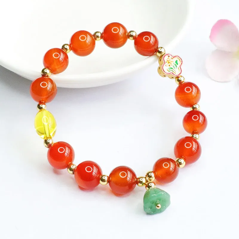 Red Agate and Jade Lotus Tassel Bracelet with Colorful Chalcedony