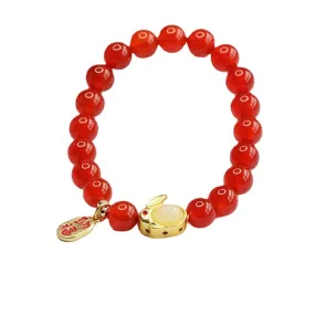 Red Agate and Jade Rabbit Bracelet by Planderful Collection