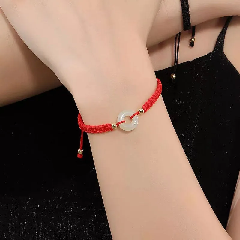 Red Rope Bracelet with Hetian Jade Buckle for Couples - Stretch Bracelet for Men and Women - Birthday Gift