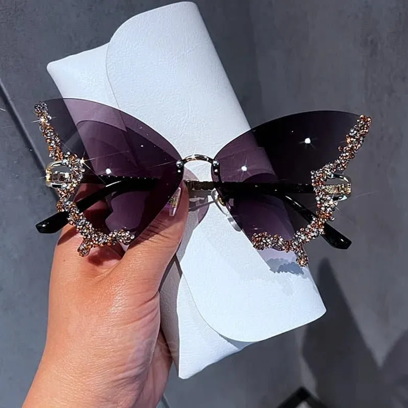 Rhinestone Oversized Butterfly Sunglasses - UV400 Protection, 71mm Lens Height, 65mm Lens Width