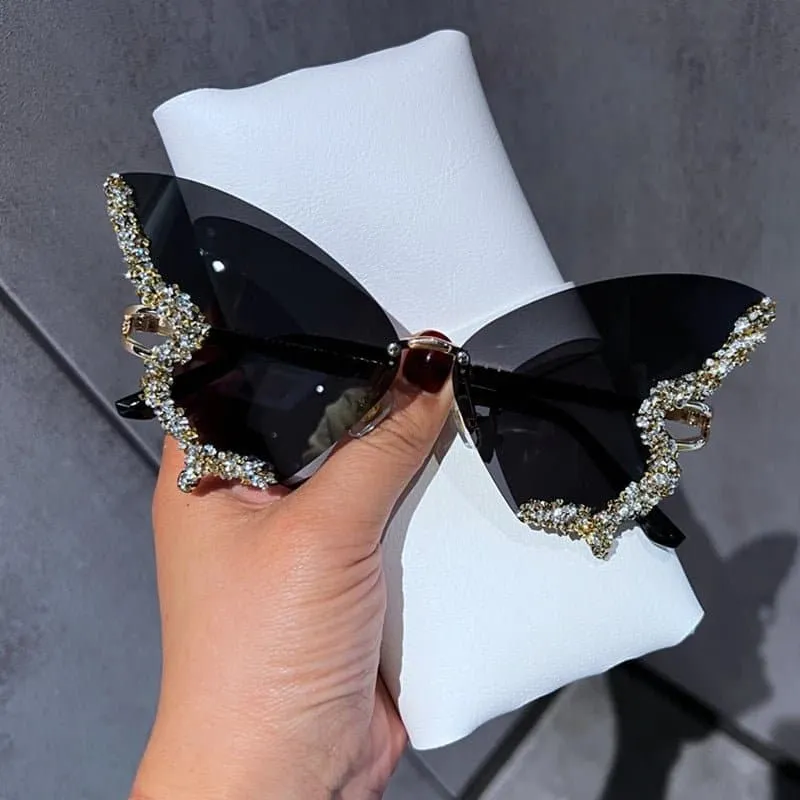 Rhinestone Oversized Butterfly Sunglasses - UV400 Protection, 71mm Lens Height, 65mm Lens Width