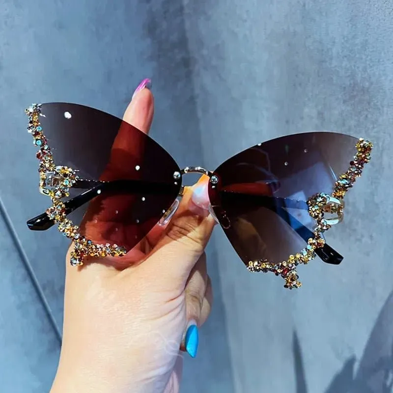 Rhinestone Oversized Butterfly Sunglasses - UV400 Protection, 71mm Lens Height, 65mm Lens Width