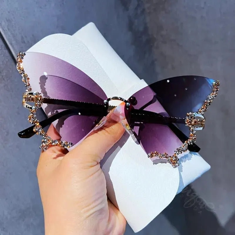 Rhinestone Oversized Butterfly Sunglasses - UV400 Protection, 71mm Lens Height, 65mm Lens Width