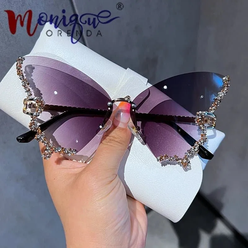 Rhinestone Oversized Butterfly Sunglasses - UV400 Protection, 71mm Lens Height, 65mm Lens Width