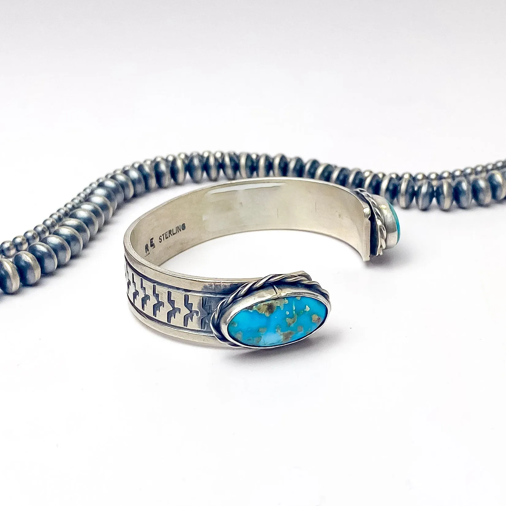 Rick Enriquez | Navajo Handmade Detailed Sterling Silver Open Cuff Bracelet with Blue Ridge Turquoise Stones