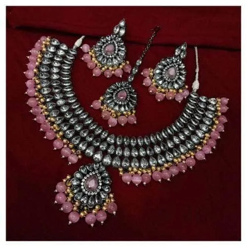 Rodium Drip Pendant Kundan Necklace Earring And Teeka Set