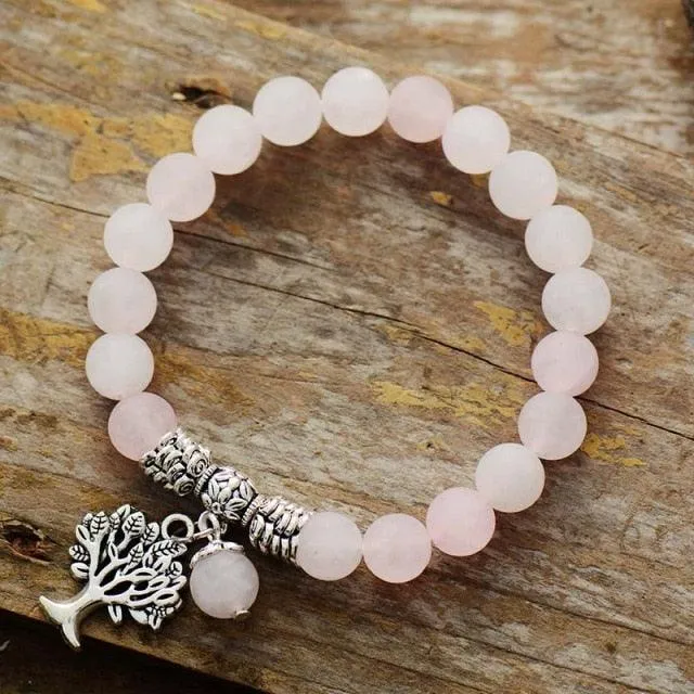 Rose Quartz Stretchy Bracelet w/ Tree of Life Charm