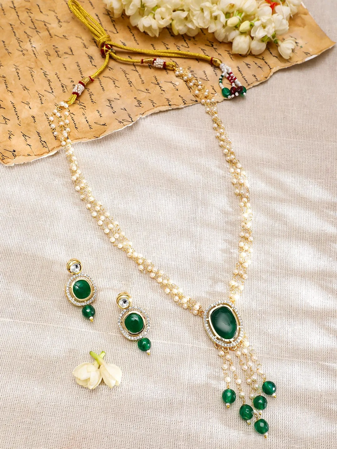 Rubans 22K Gold-Plated Green Onyx & Pearl Beaded Layered Necklace Set  with Cubiz Zicronia Accents