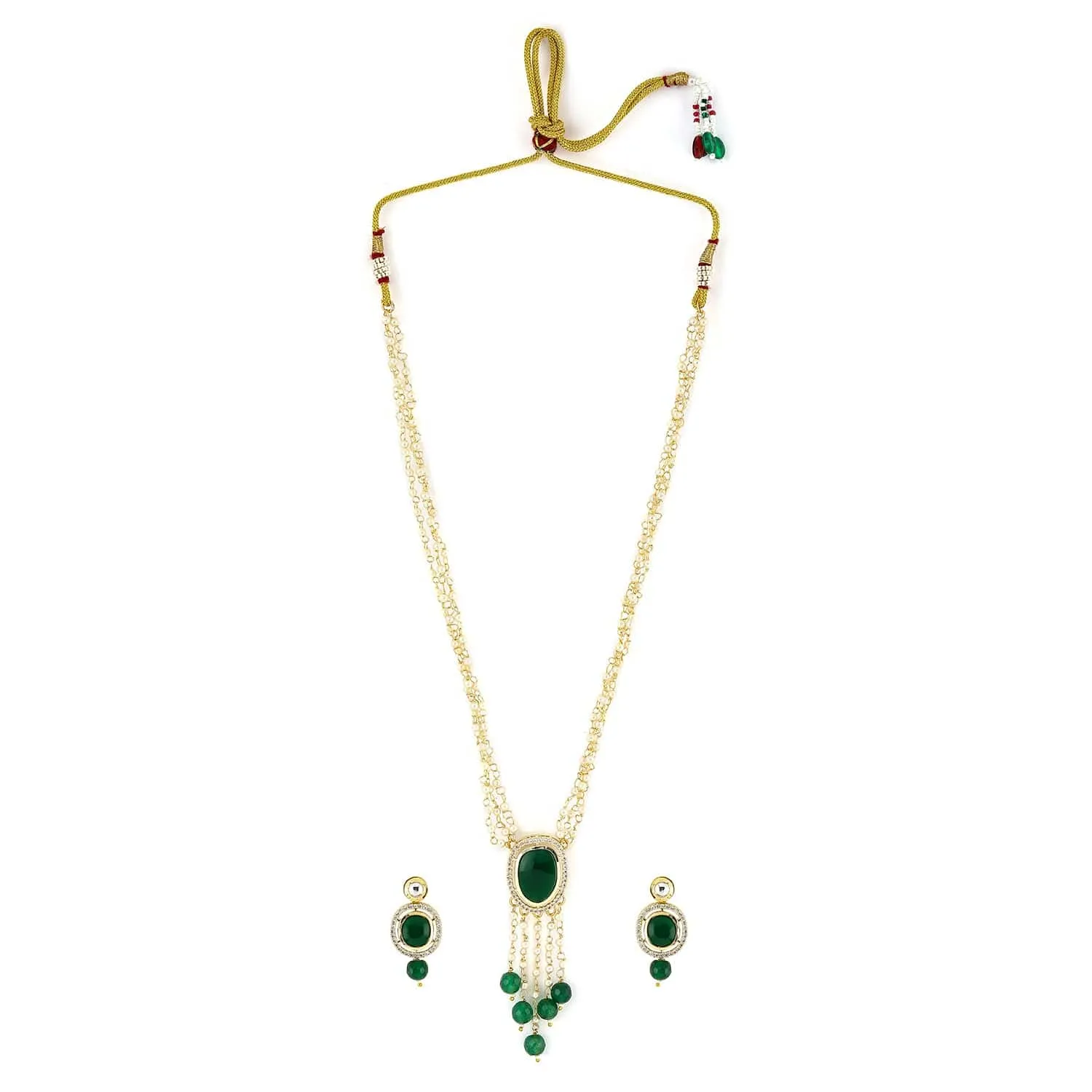 Rubans 22K Gold-Plated Green Onyx & Pearl Beaded Layered Necklace Set  with Cubiz Zicronia Accents