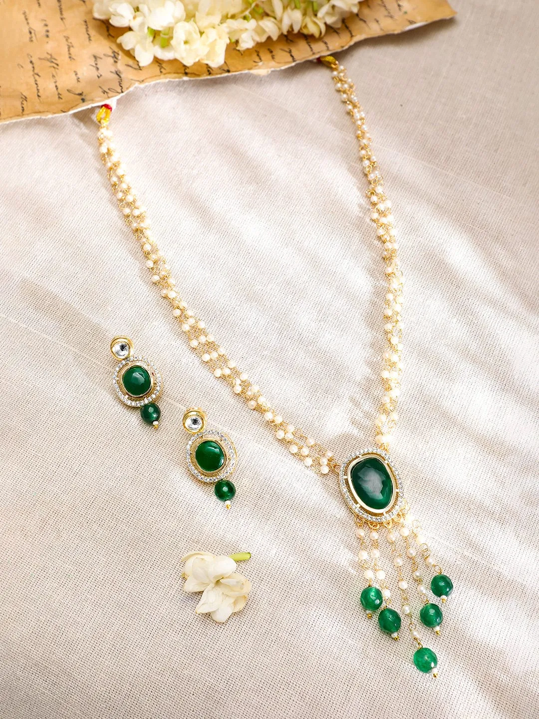 Rubans 22K Gold-Plated Green Onyx & Pearl Beaded Layered Necklace Set  with Cubiz Zicronia Accents