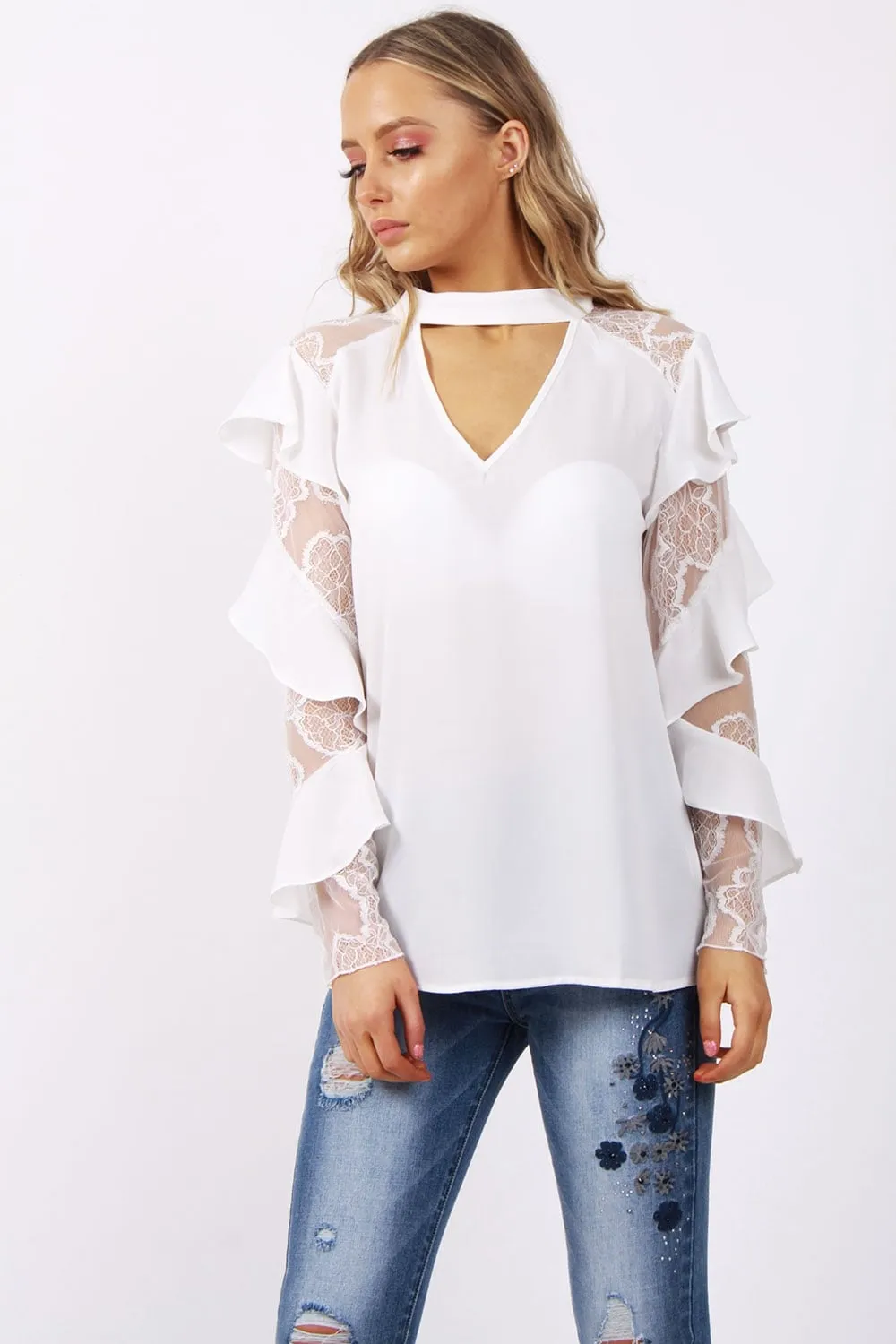 Ruffle Waterfall Lace Sleeve V Neck Choker Blouse Top