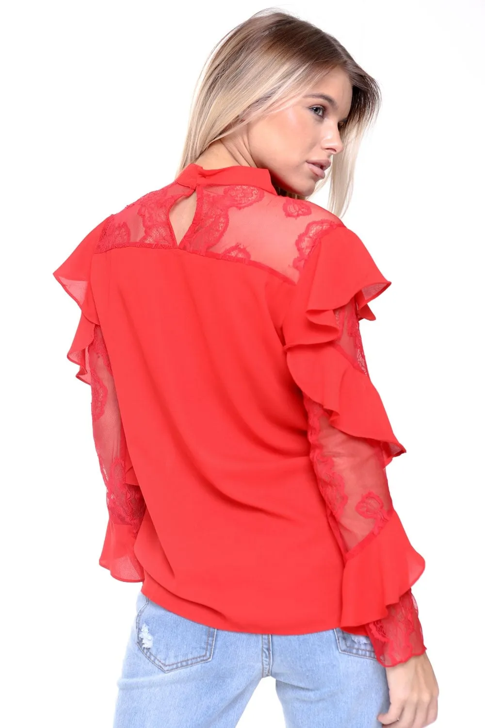 Ruffle Waterfall Lace Sleeve V Neck Choker Blouse Top