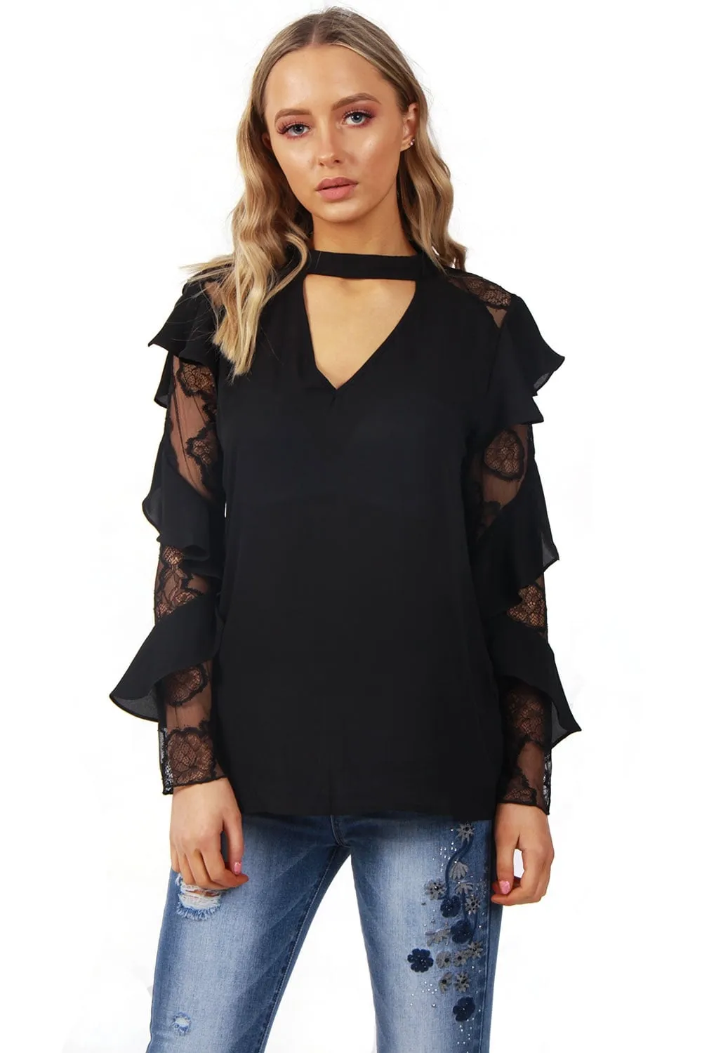 Ruffle Waterfall Lace Sleeve V Neck Choker Blouse Top