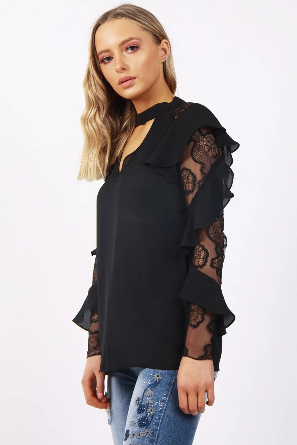 Ruffle Waterfall Lace Sleeve V Neck Choker Blouse Top