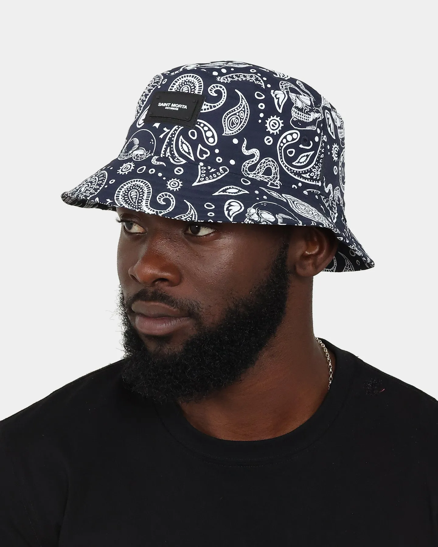 Saint Morta Paisley Skulls Bucket Hat Navy/White