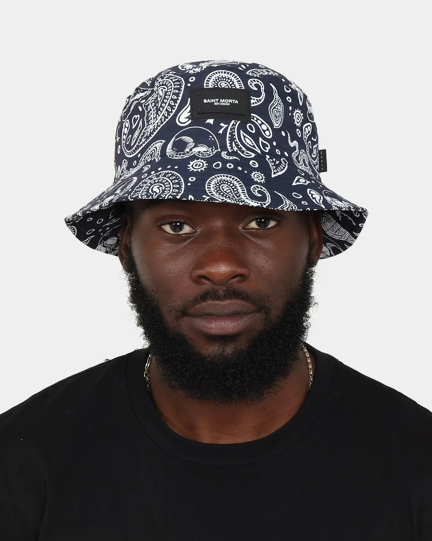 Saint Morta Paisley Skulls Bucket Hat Navy/White