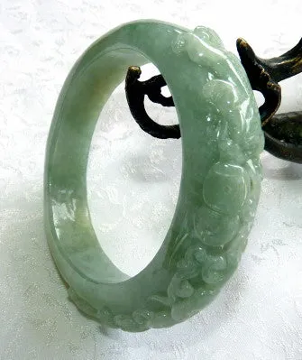 Sale-"Two Dragons Protect Coins, Flowers" Burmese Jadeite "Old Mine" Bangle Bracelet 55 mm (BB2977)