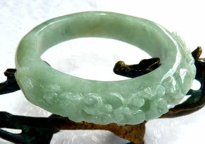 Sale-"Two Dragons Protect Coins, Flowers" Burmese Jadeite "Old Mine" Bangle Bracelet 55 mm (BB2977)