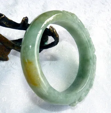 Sale-"Two Dragons Protect Coins, Flowers" Burmese Jadeite "Old Mine" Bangle Bracelet 55 mm (BB2977)