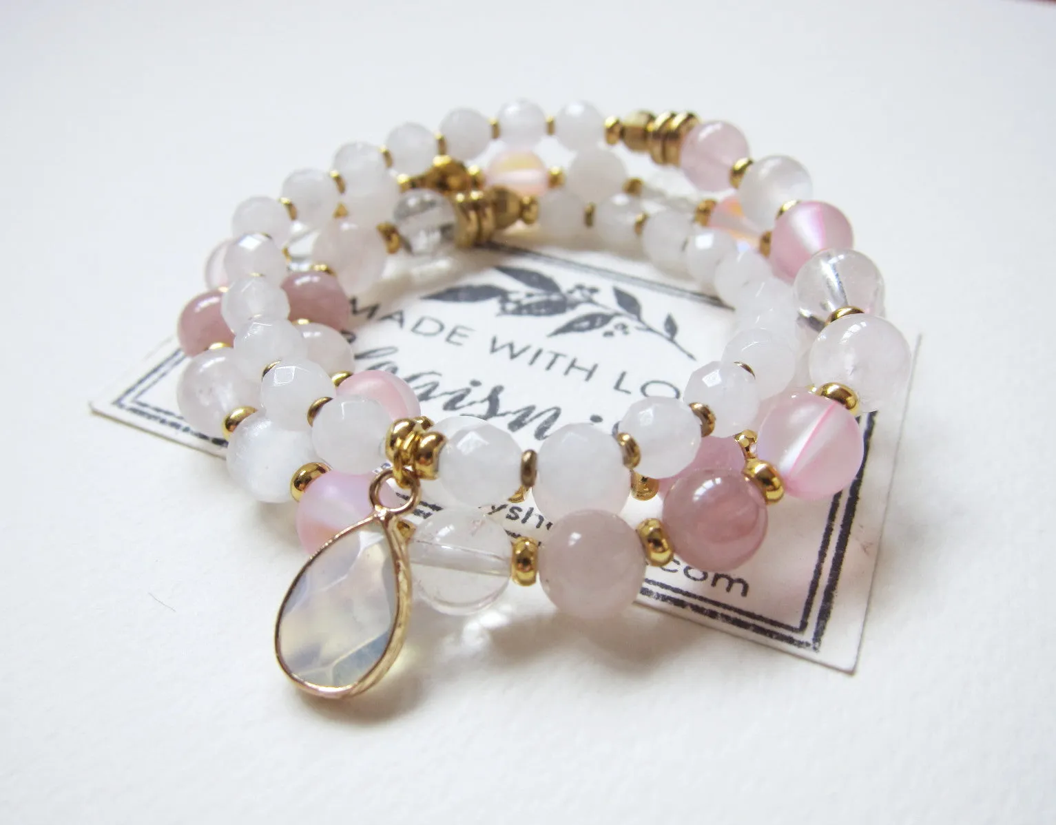 SALE - Rose Quartz, Selenite, Mystic Pink Quartz, Clear Quartz 3X Wrap Bracelet (convertible to necklace)