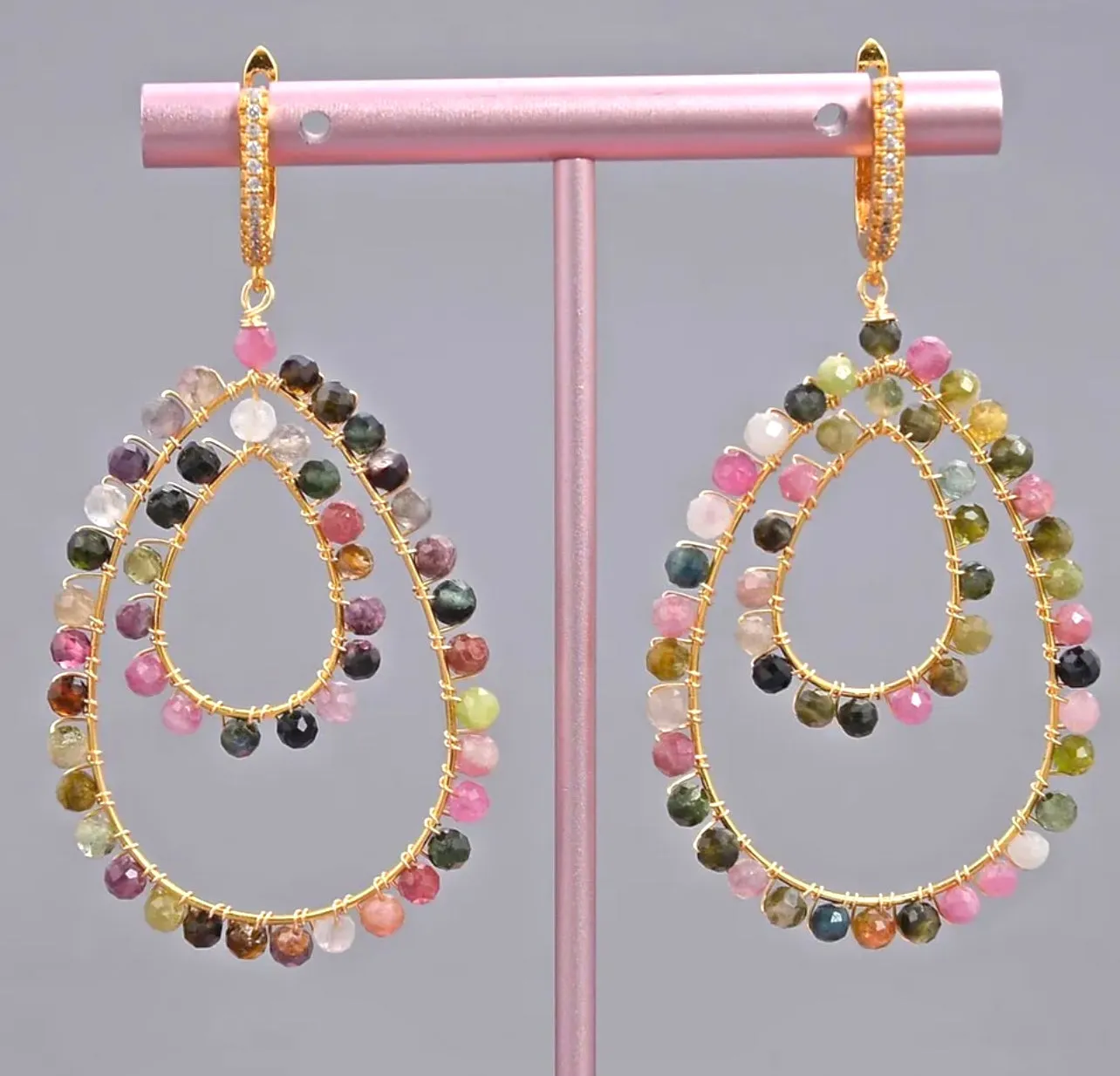 Semi-Precious Tourmaline Gemstones Statement Hoop Dangles 2.5”