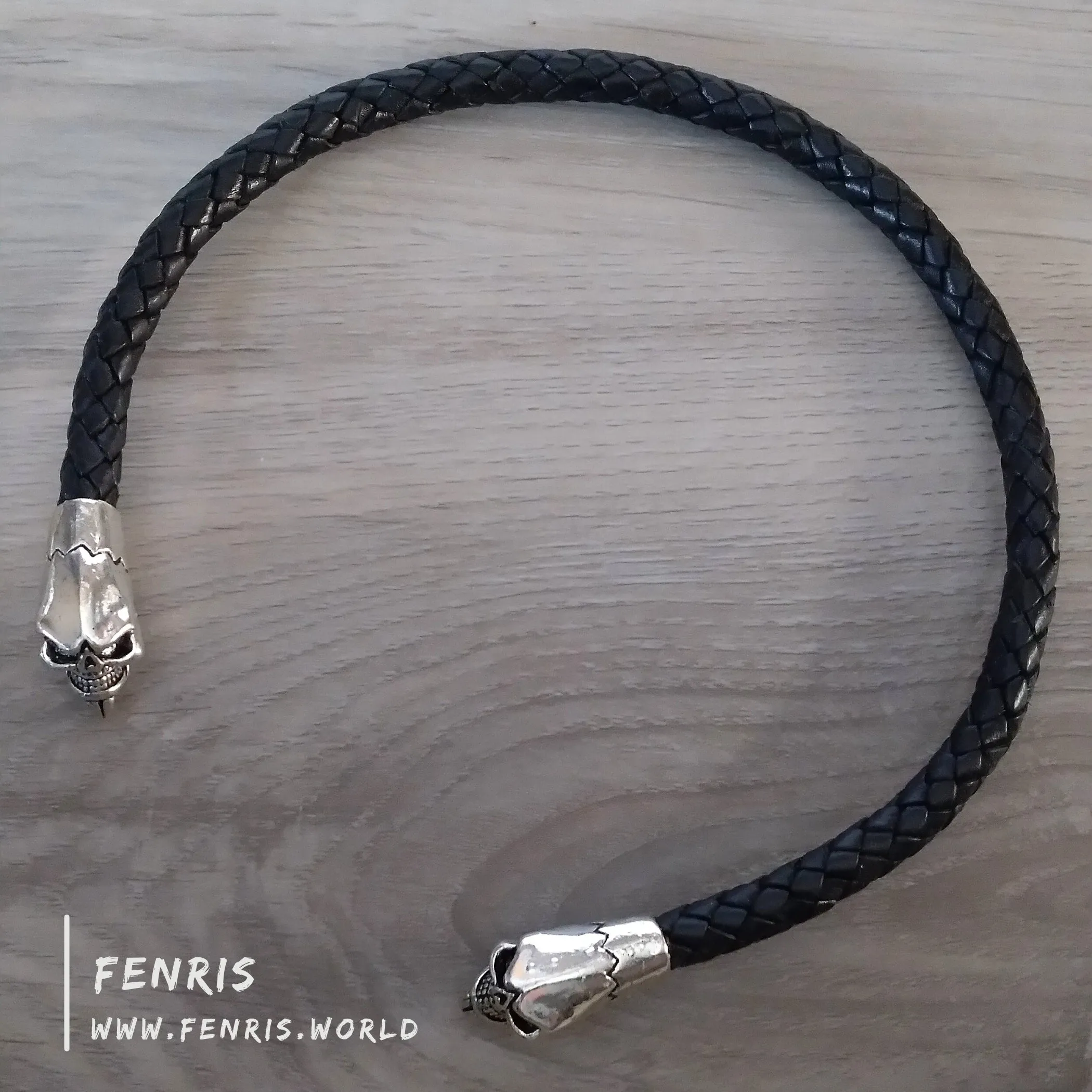 Skull Torc Necklace Silver Black Leather