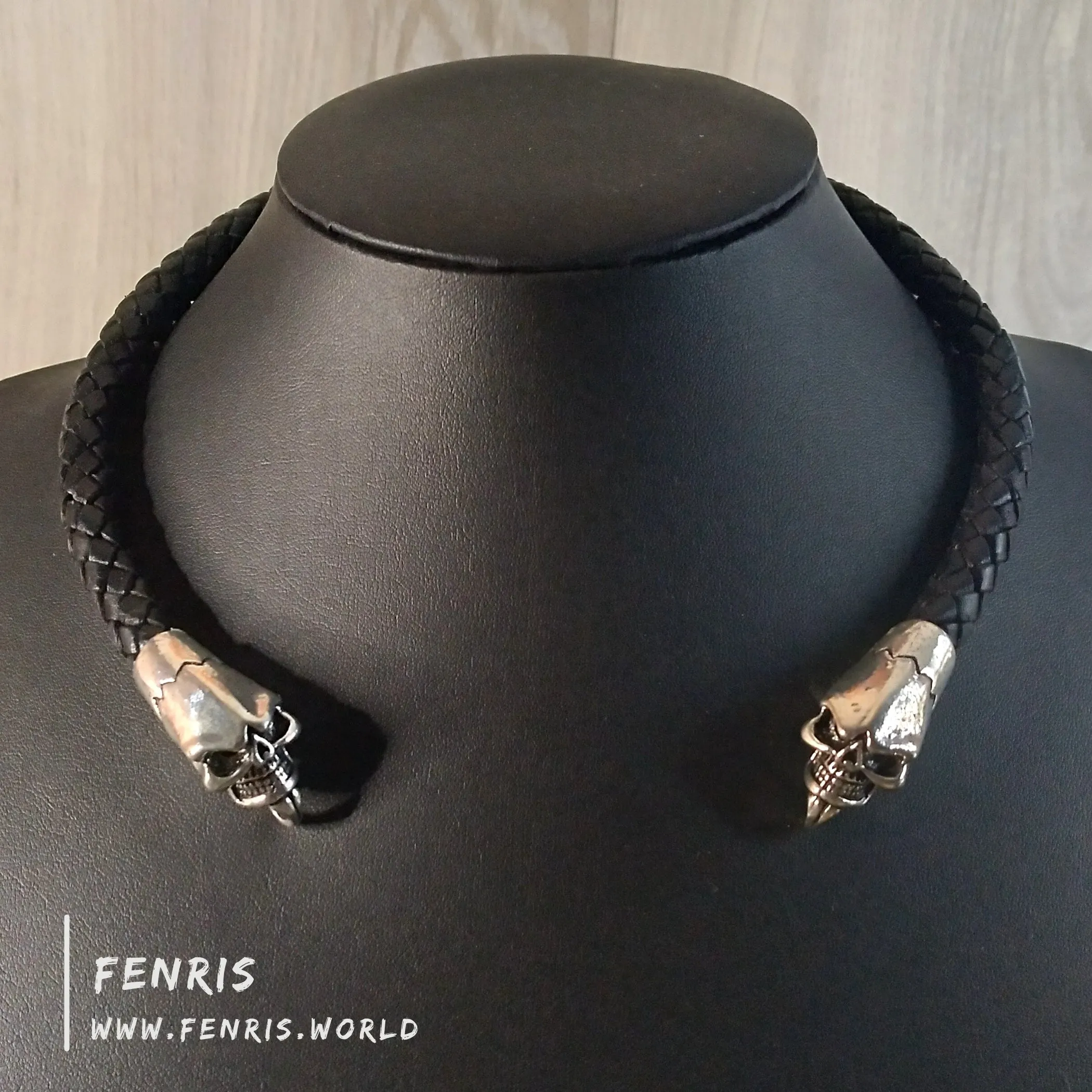 Skull Torc Necklace Silver Black Leather