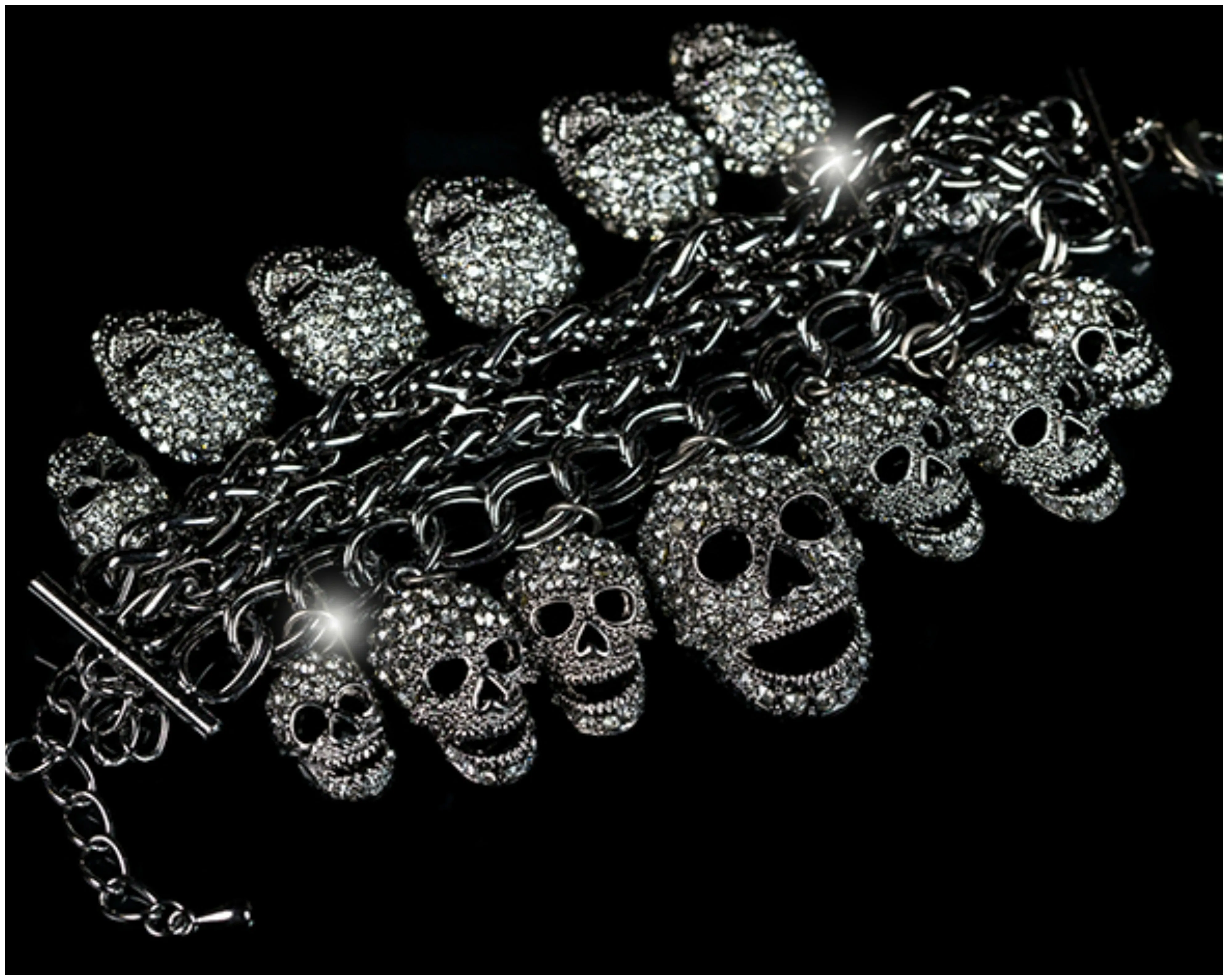 Skulls Cluster Black Goth Fashion Crystal Bracelet - 6.5in