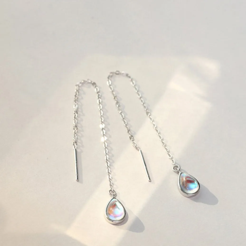 SLUYNZ 925 Sterling Silver Moonstone Teardrop Dangle Earrings for Women Teen Girls Droplet Threader Earrings Chain