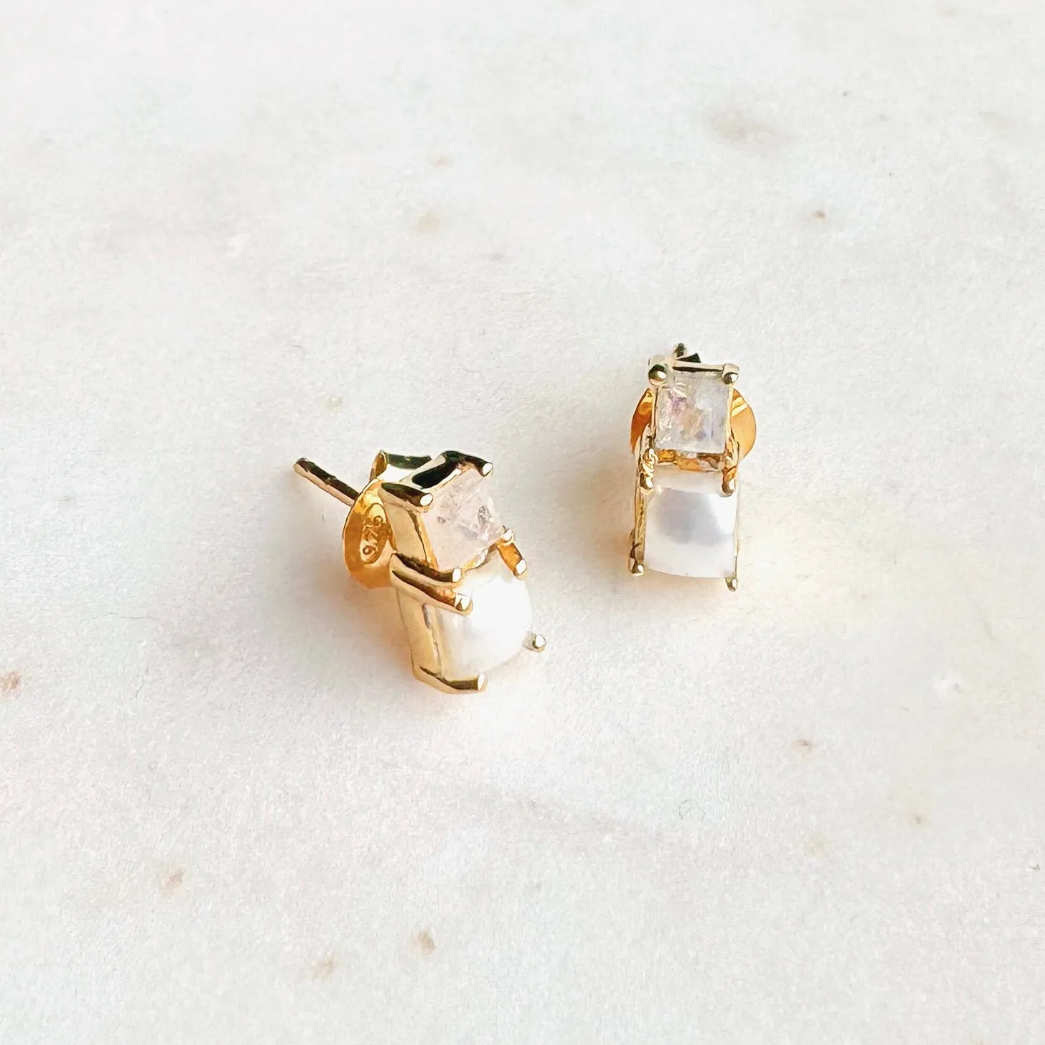 Small Stacked Gemstone Stud Earrings: moonstone   pearl