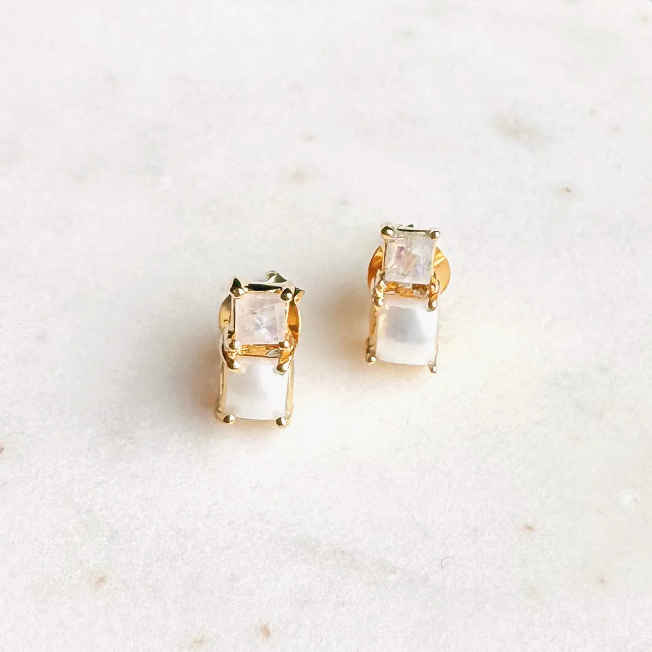 Small Stacked Gemstone Stud Earrings: moonstone   pearl