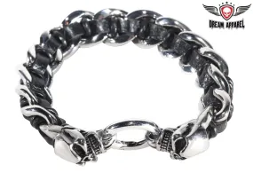 Stainless Steel Motorcycle Bracelet with Skulls & Leather Lace