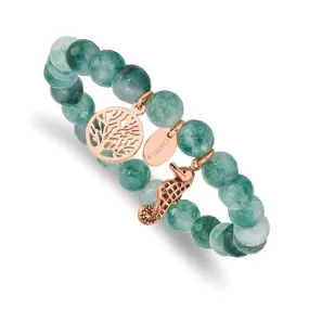 Stainless Steel Rose Gold Seahorse & Tree of Life Charm Green Jade Stretch Bracelet