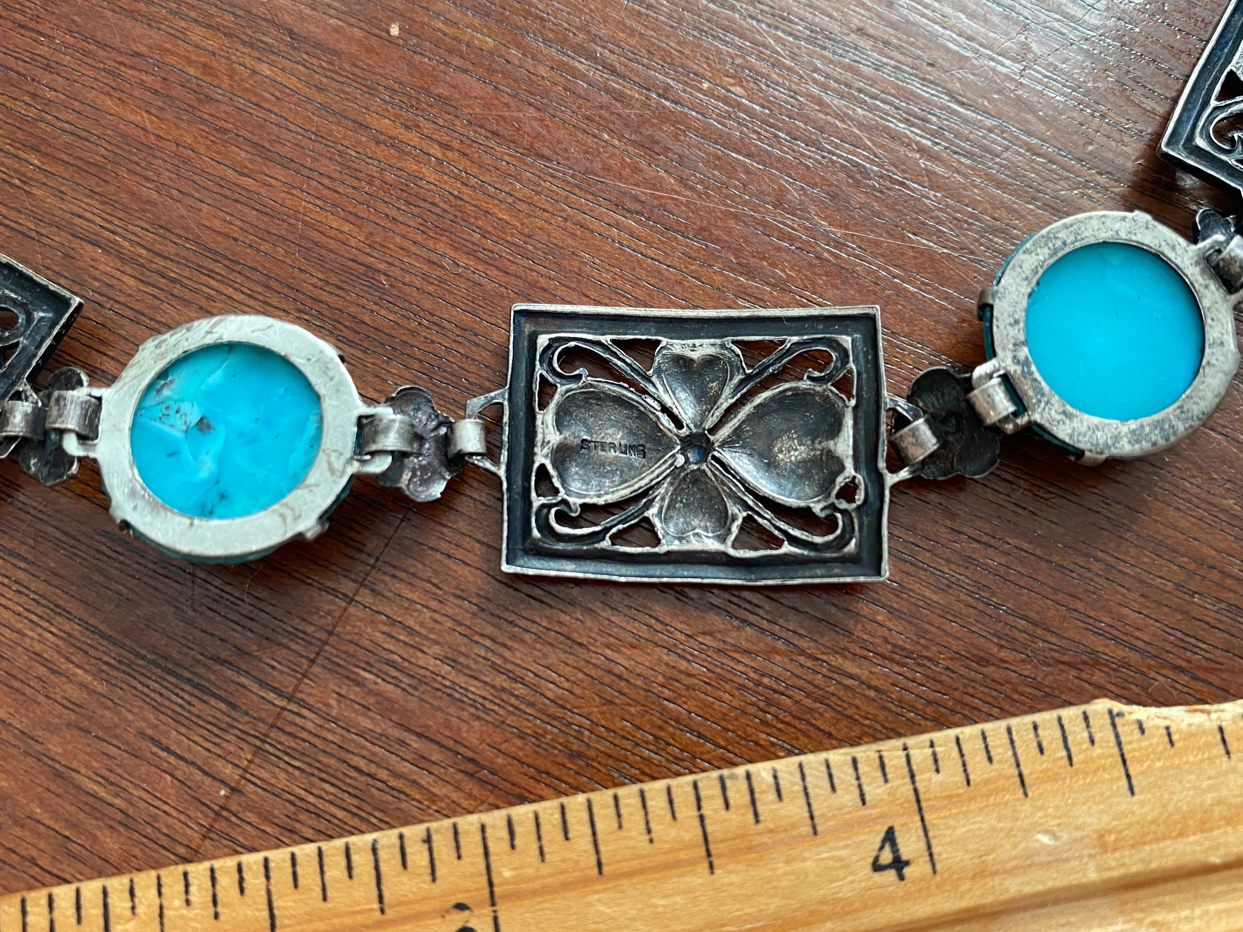 Sterling Silver 925 Faux Turquoise Flower Panel Bracelet