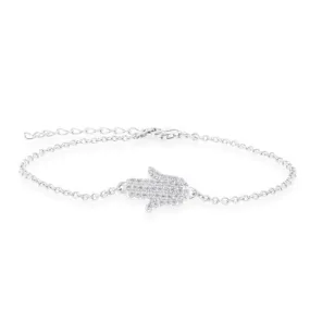 Sterling Silver Cubic Zirconia Hamsa 16 3cm Bracelet