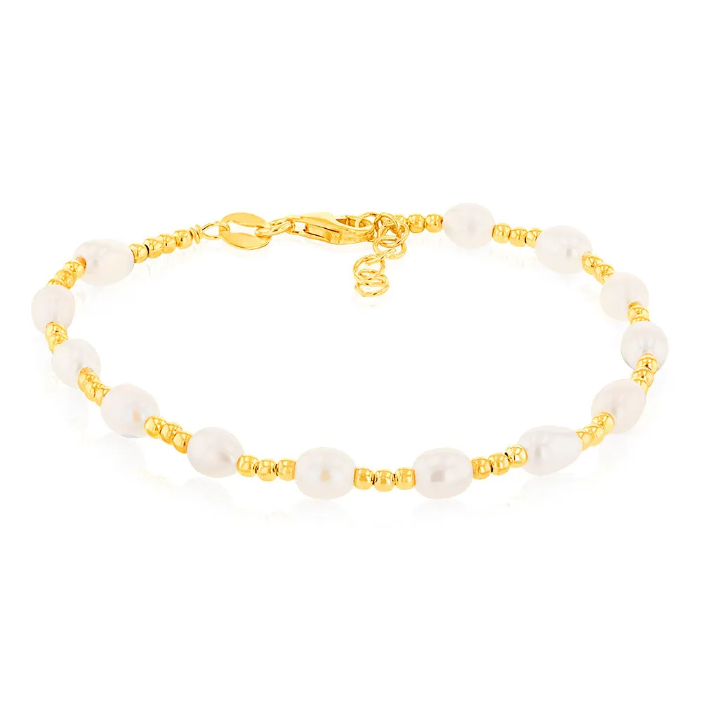 Sterling Silver Gold Plated Fresh Water Pearl And Gold Beads 17 2cm Bracelet