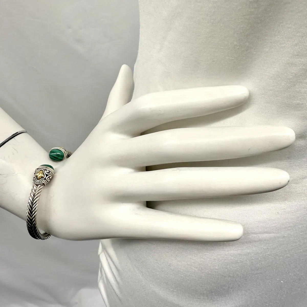 Sterling Silver Hinged Cuff Bracelet with Malachite and 18K Gold Accent