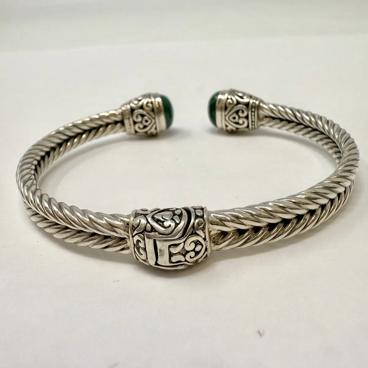 Sterling Silver Hinged Cuff Bracelet with Malachite and 18K Gold Accent