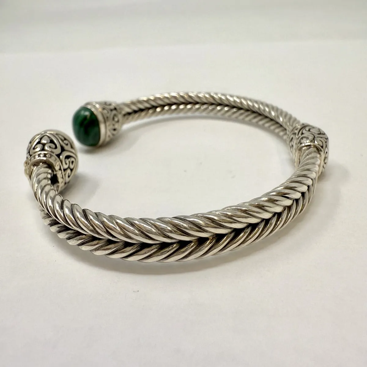 Sterling Silver Hinged Cuff Bracelet with Malachite and 18K Gold Accent