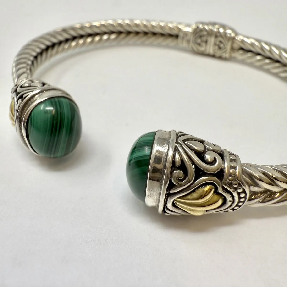 Sterling Silver Hinged Cuff Bracelet with Malachite and 18K Gold Accent