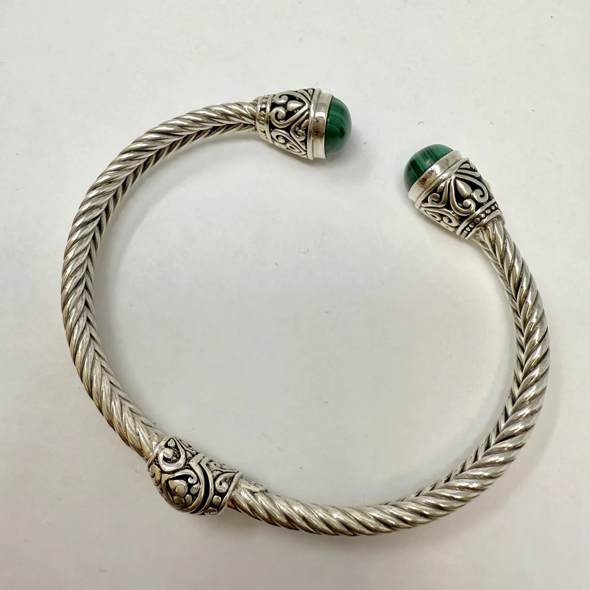 Sterling Silver Hinged Cuff Bracelet with Malachite and 18K Gold Accent