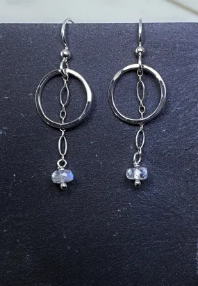 Sterling silver hoop and chain earrings with moonstone