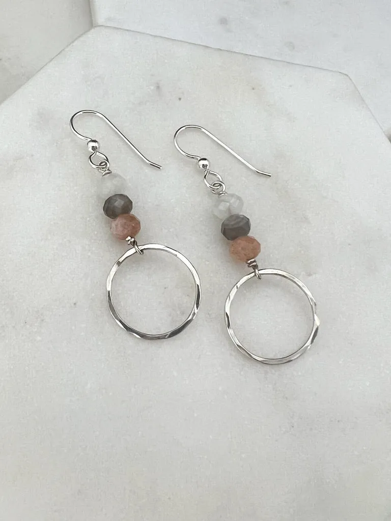 Sterling silver hoop earrings with coffee moonstone gemstones