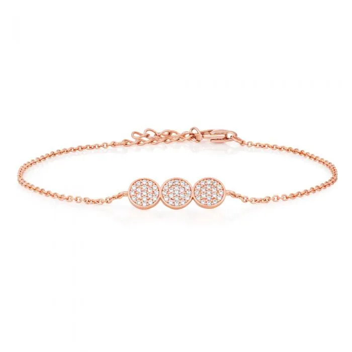 Sterling Silver Rose Gold Plated Cubic Zirconia Pave Trio Disc Bracelet 16 3cm