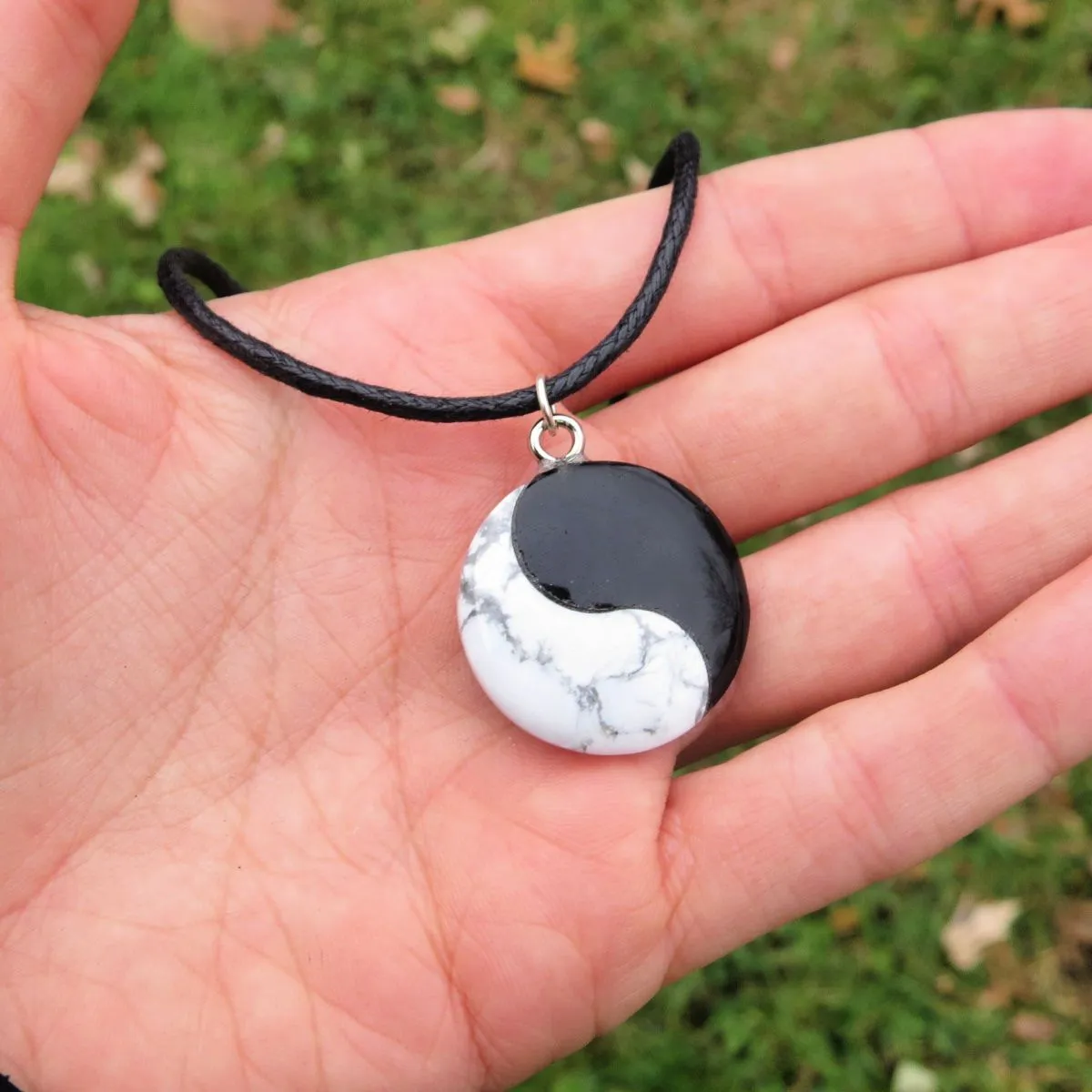 Stone Yin Yang Necklace | Black Cord Crystal Necklace for Men