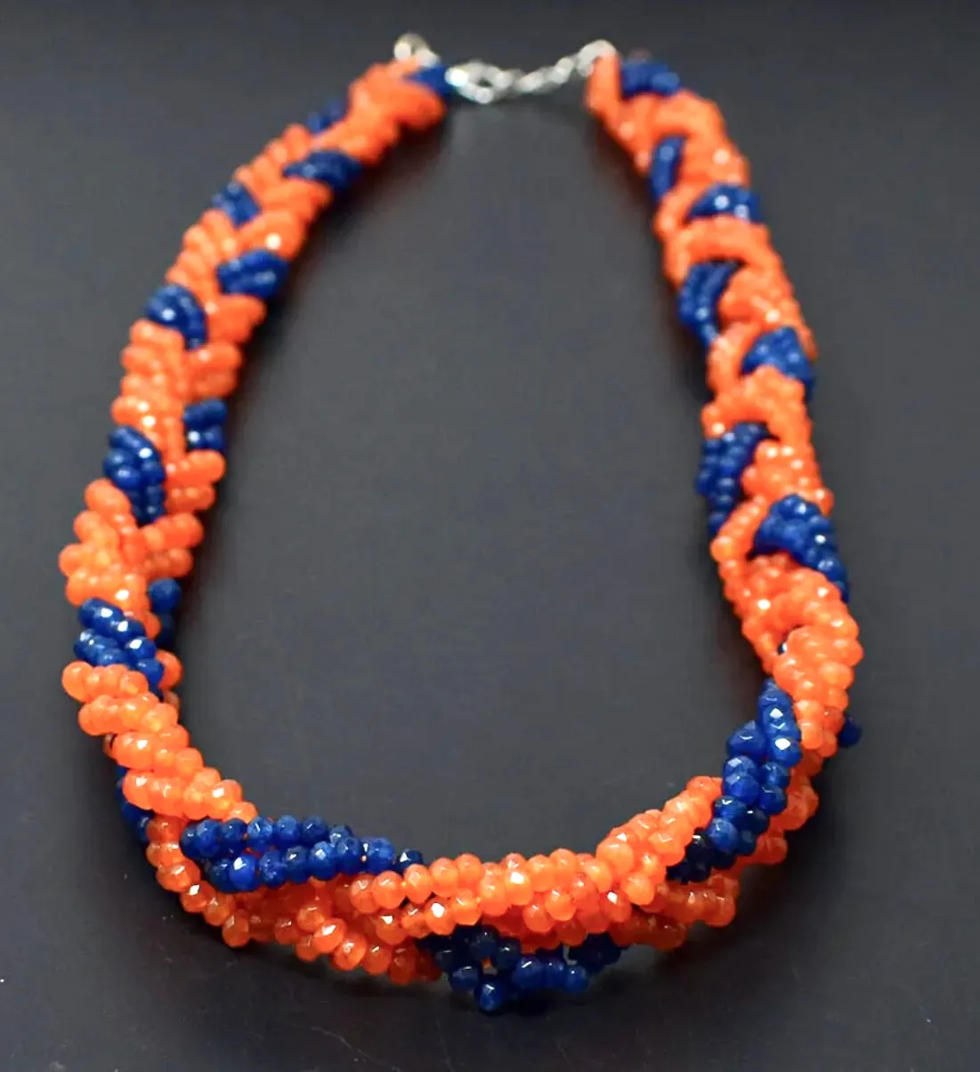 Stylish Orange Carnelian & Blue Onyx Gemstone Multi-Strand Statement Necklace 21"