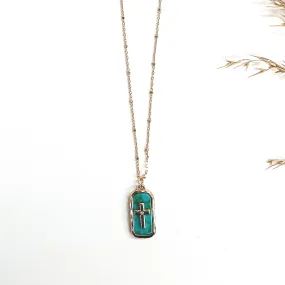 Sunday Soul Gold Tone Chain Necklace with Gold Tone Cross and Semi-Precious Rectangular Stone Pendant in Turquoise