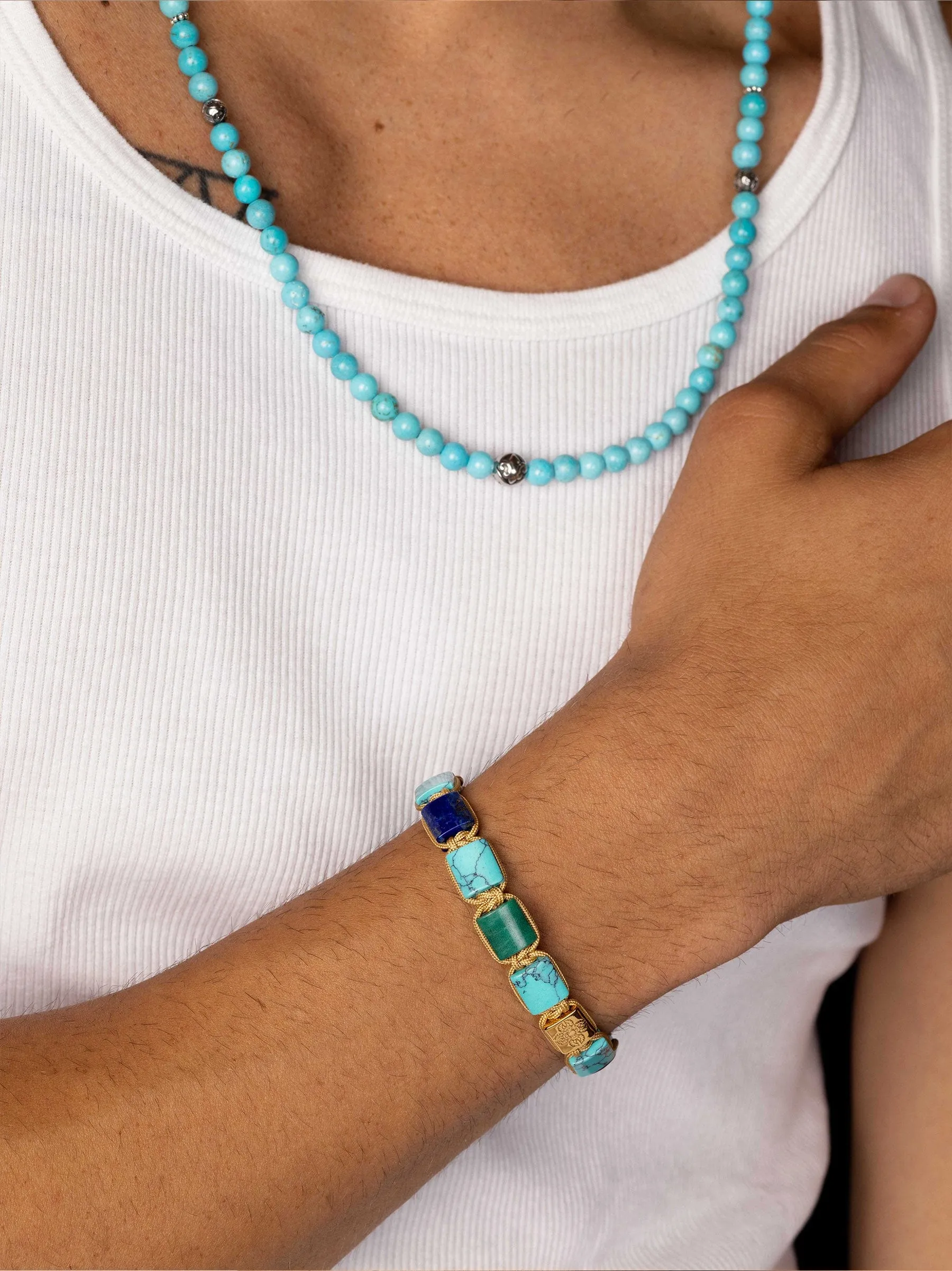 The Dorje Flatbead Collection - Turquoise, Blue Lapis, Carnelian, Brown Tiger Eye and Green Jade