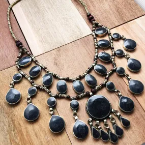 Tribal black stone boho necklace