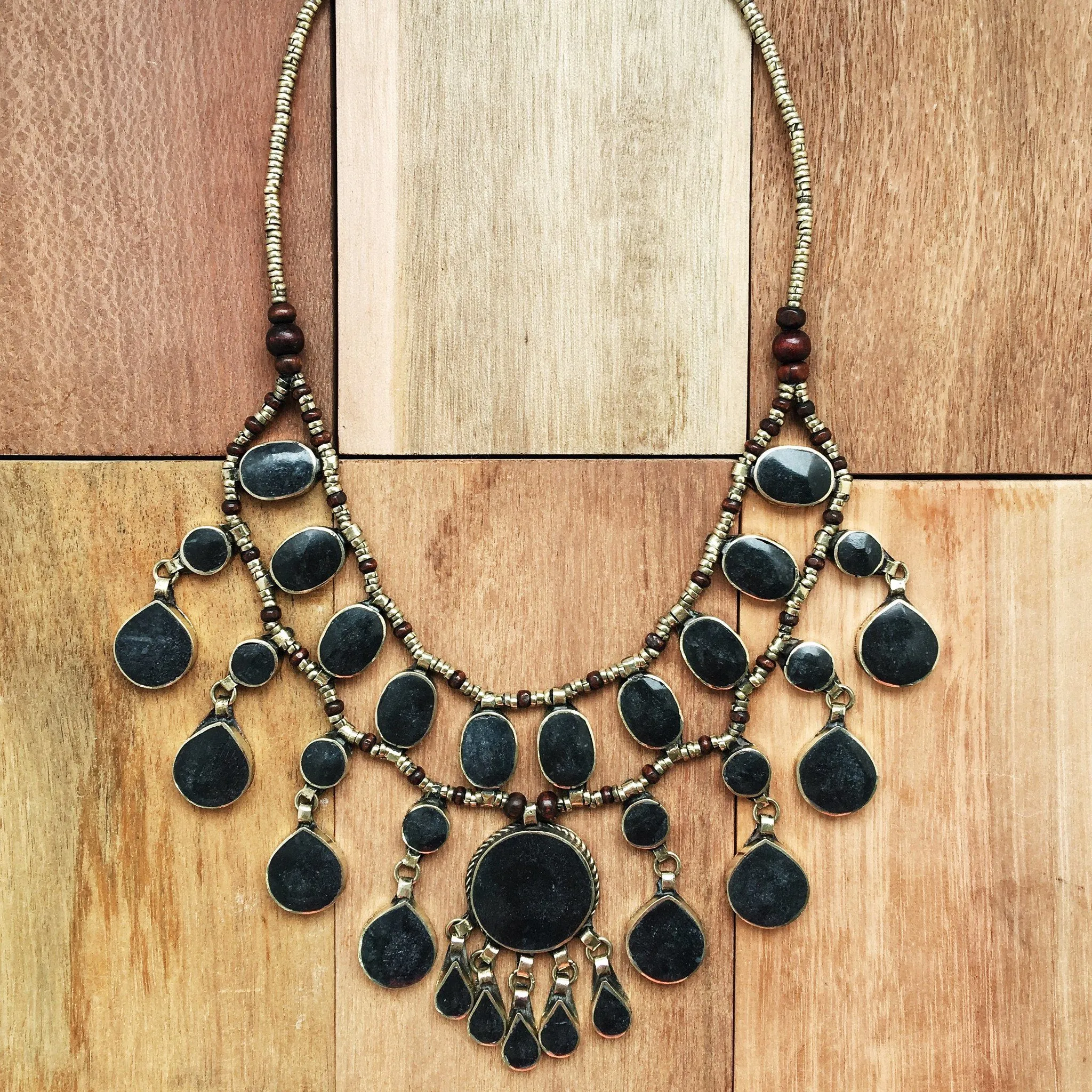 Tribal black stone boho necklace